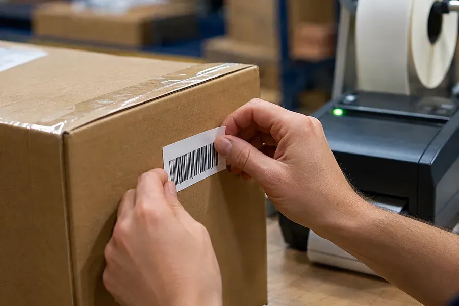 Applying a printed barcode label to a box next to a label printer