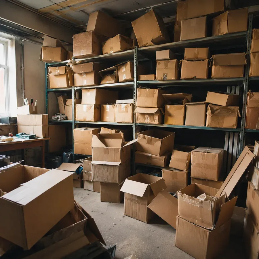 Disorganized warehouse with cardboard boxes stacked unevenly on shelves