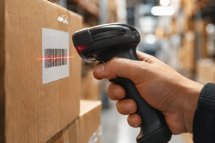 Handheld barcode scanner scanning a label on a box