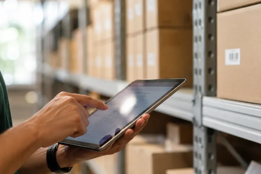 Hands checking stock on a tablet during an inventory audit