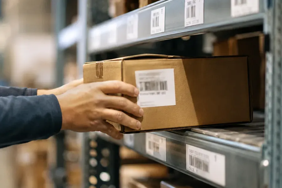 Placing a labeled box on a barcoded warehouse shelf location