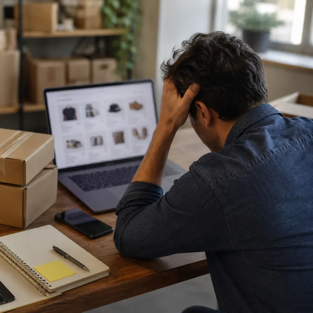 Overwhelmed online seller at a laptop with disconnected sales channels