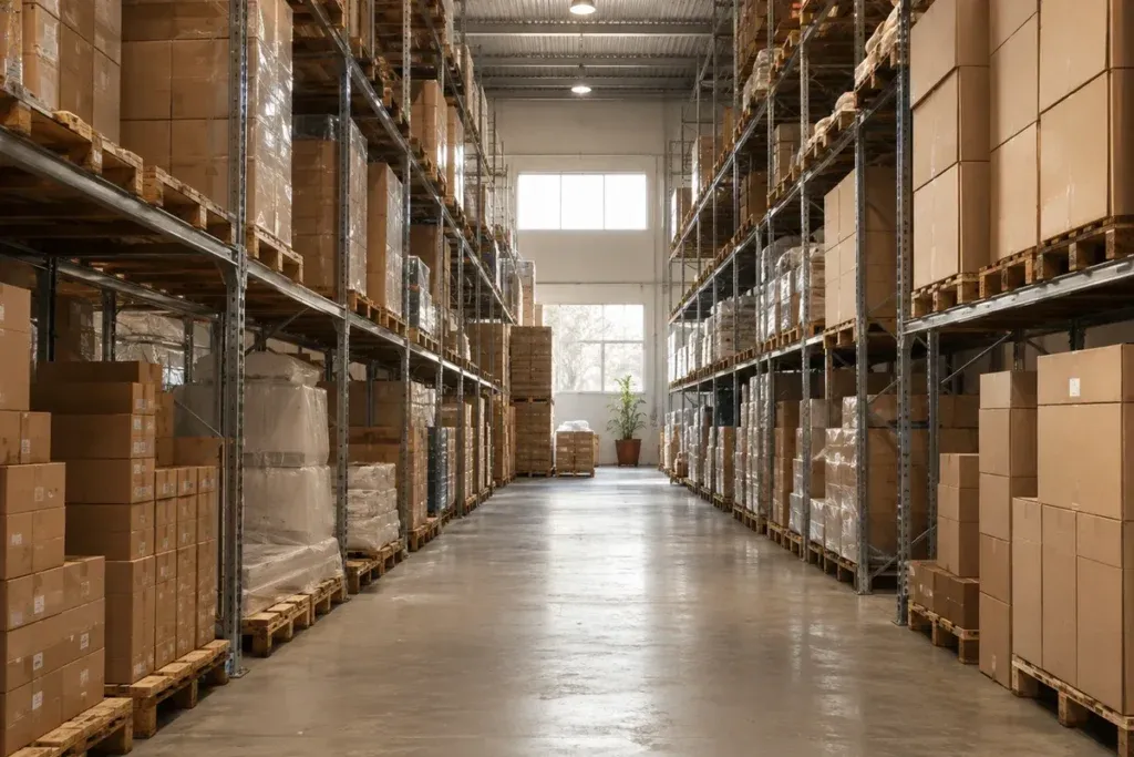 Clean organized modern warehouse aisle with neatly stacked shelves