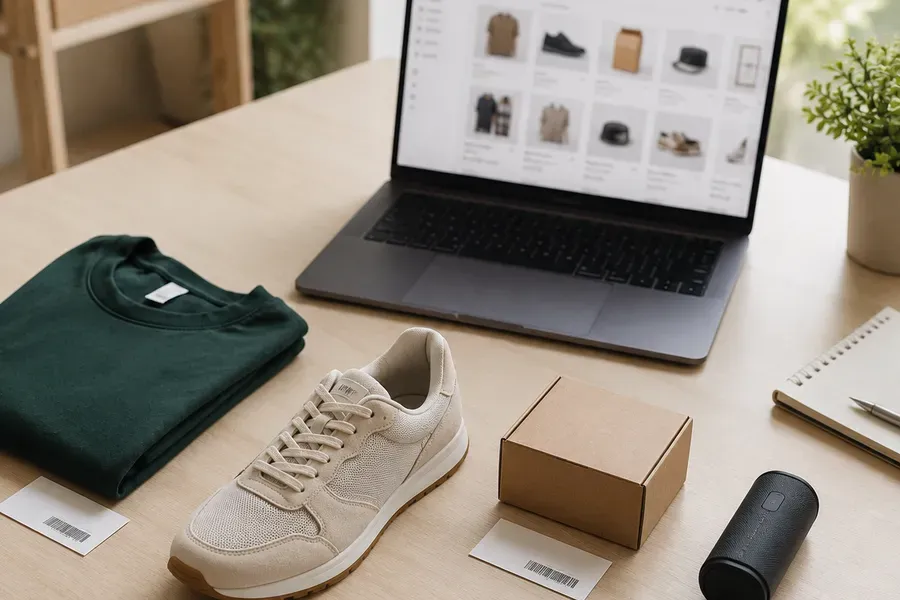 Physical products with barcode tags connected to an online product catalog on a laptop