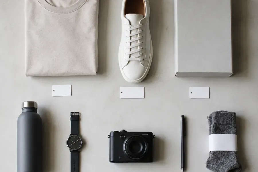 Assorted products laid out in a grid with blank label tags for cataloguing