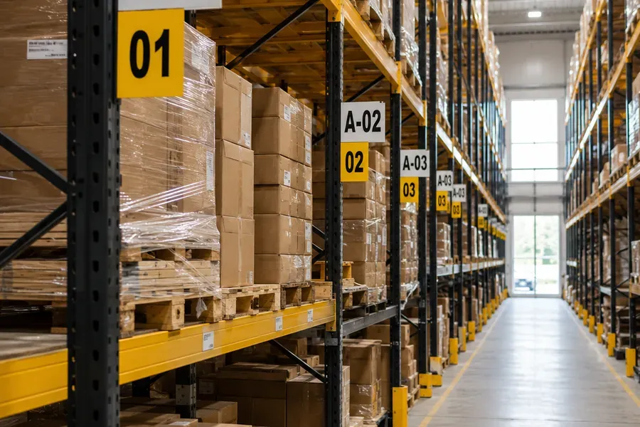 Warehouse aisle with clear location signage and aisle codes