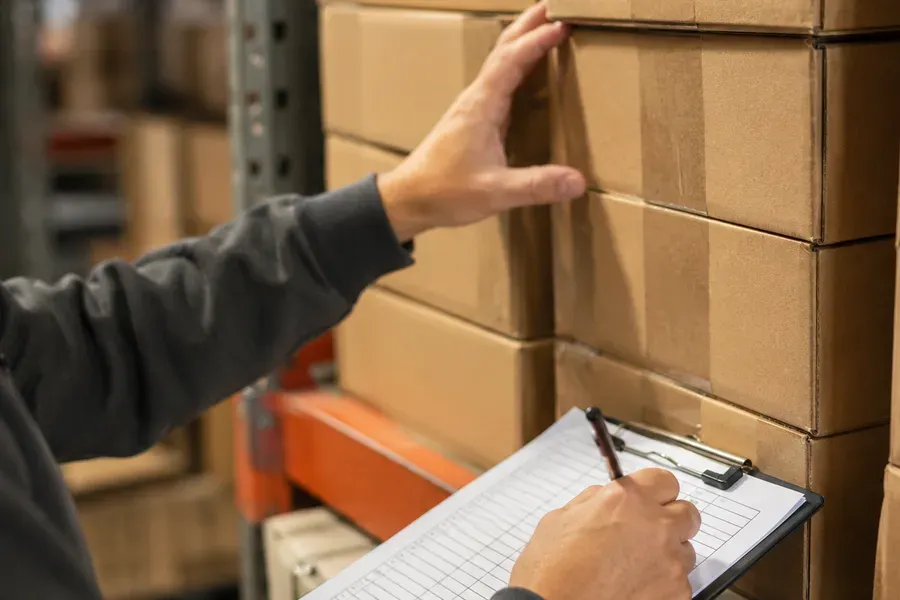 Warehouse worker physically counting boxes and tallying on a clipboard